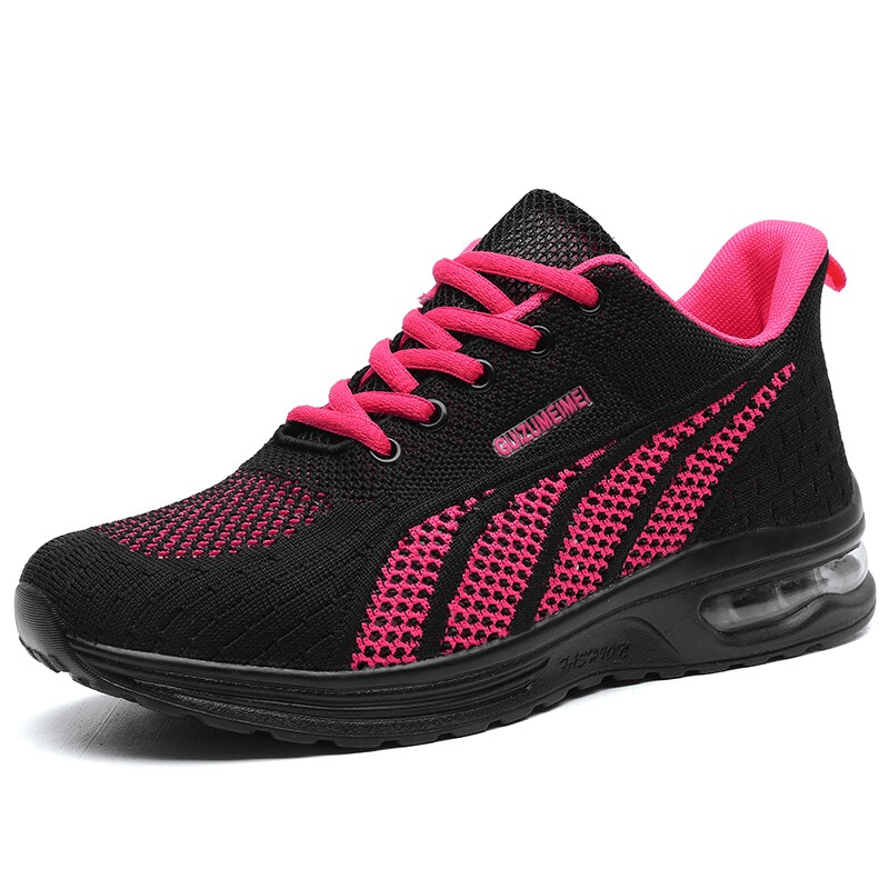 Stylish black and pink mesh lace-up women's sneaker with cushioning and low upper height.